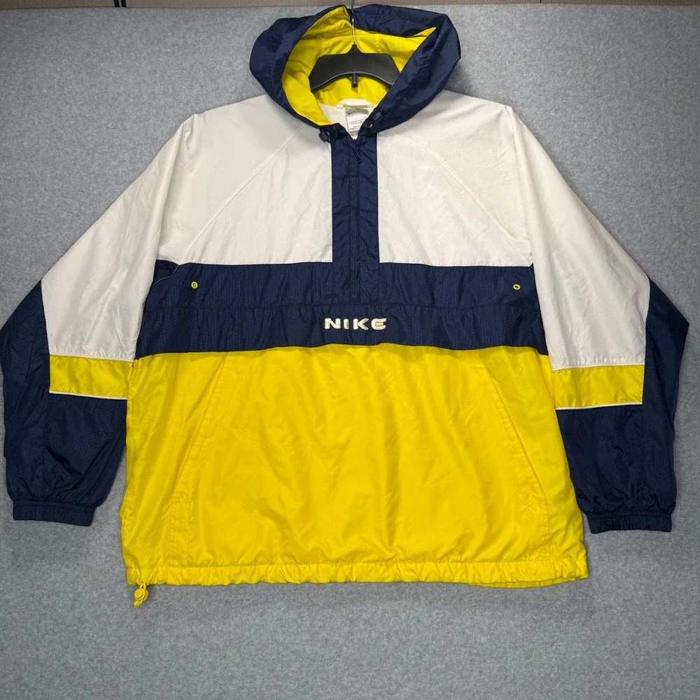 VTG Nike Anorak Windbreaker Jacket Boys L 12-14 White Blue Yellow Colorblock